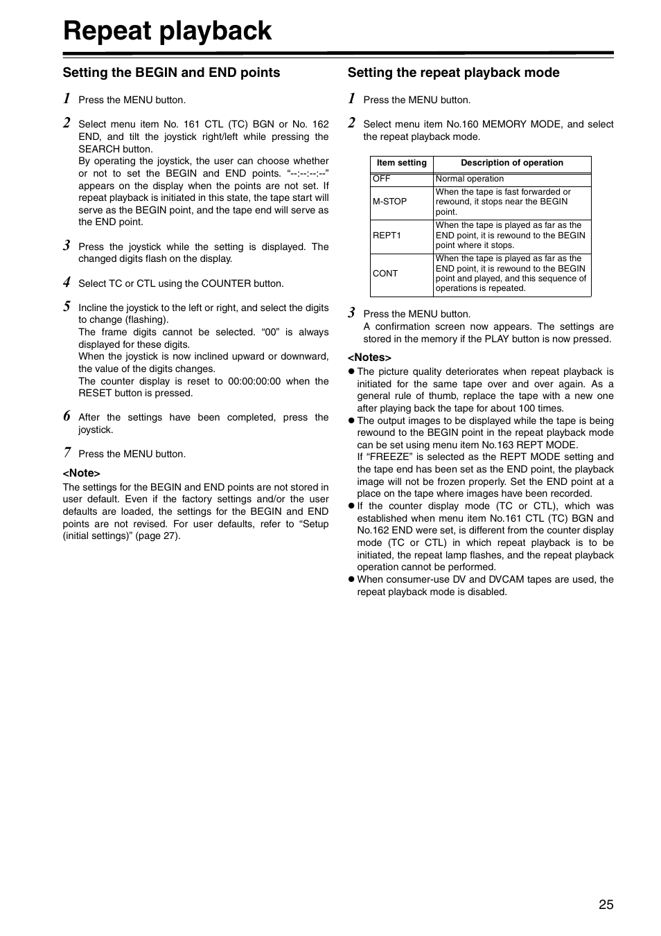 Repeat playback, Setting the begin and end points, Setting the repeat playback mode | Panasonic AJ-HD1400E User Manual | Page 25 / 68
