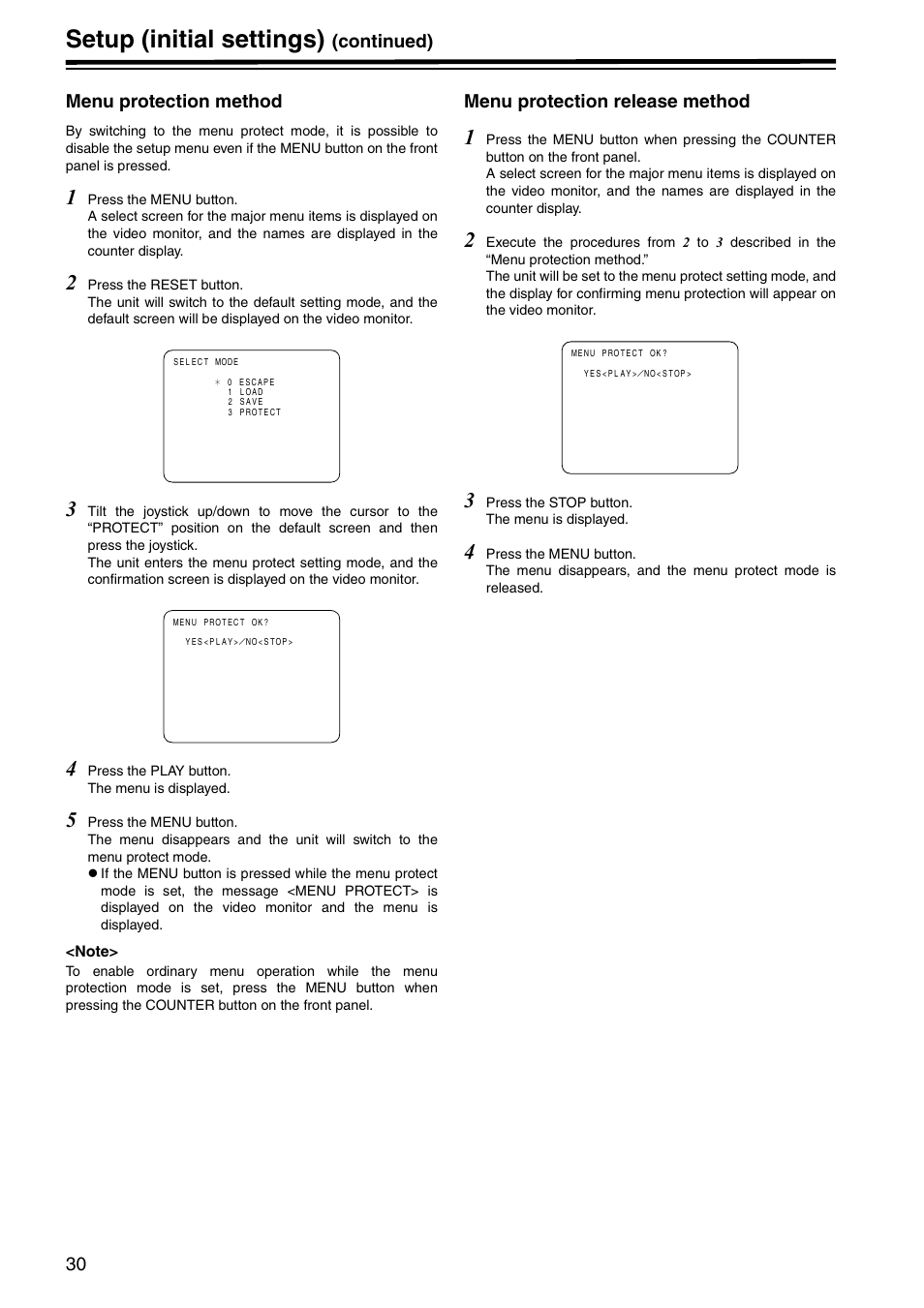 Menu protection method, Menu protection release method, Setup (initial settings) | Panasonic AJ-HD1400E User Manual | Page 30 / 68