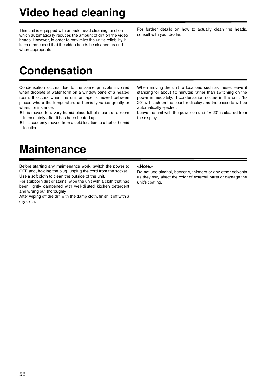 Video head cleaning, Condensation, Maintenance | Video head cleaning condensation maintenance | Panasonic AJ-HD1400E User Manual | Page 58 / 68