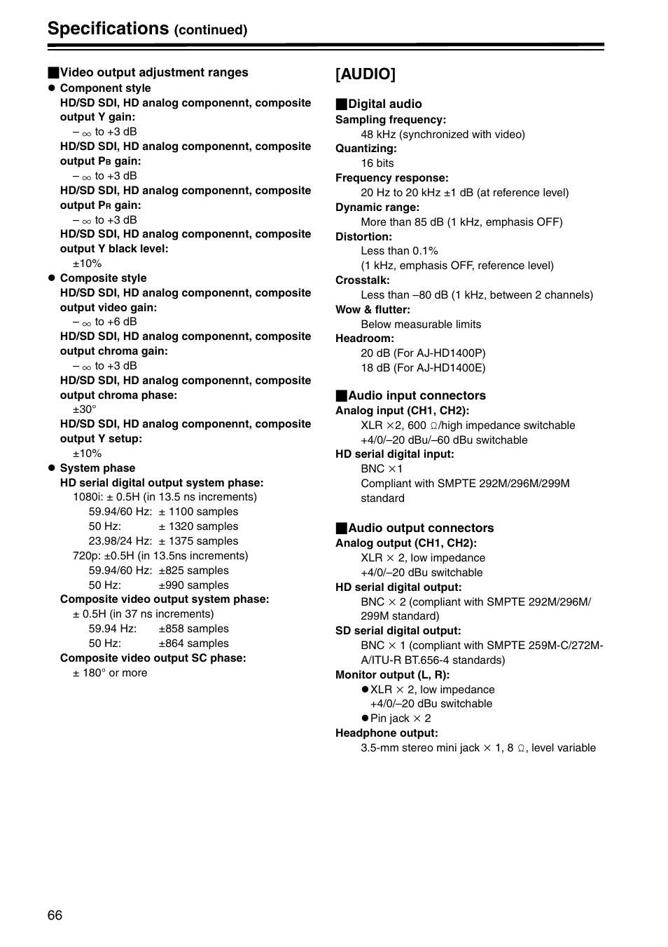 Specifications, Audio, Continued) | Panasonic AJ-HD1400E User Manual | Page 66 / 68