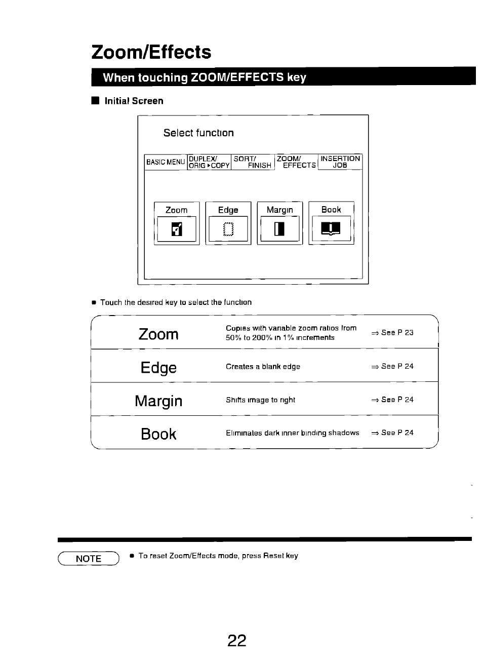 Zoom/effects, When touching zoom/effects key, Zoom | Edge, Margin, Book | Panasonic FP7750 User Manual | Page 22 / 64