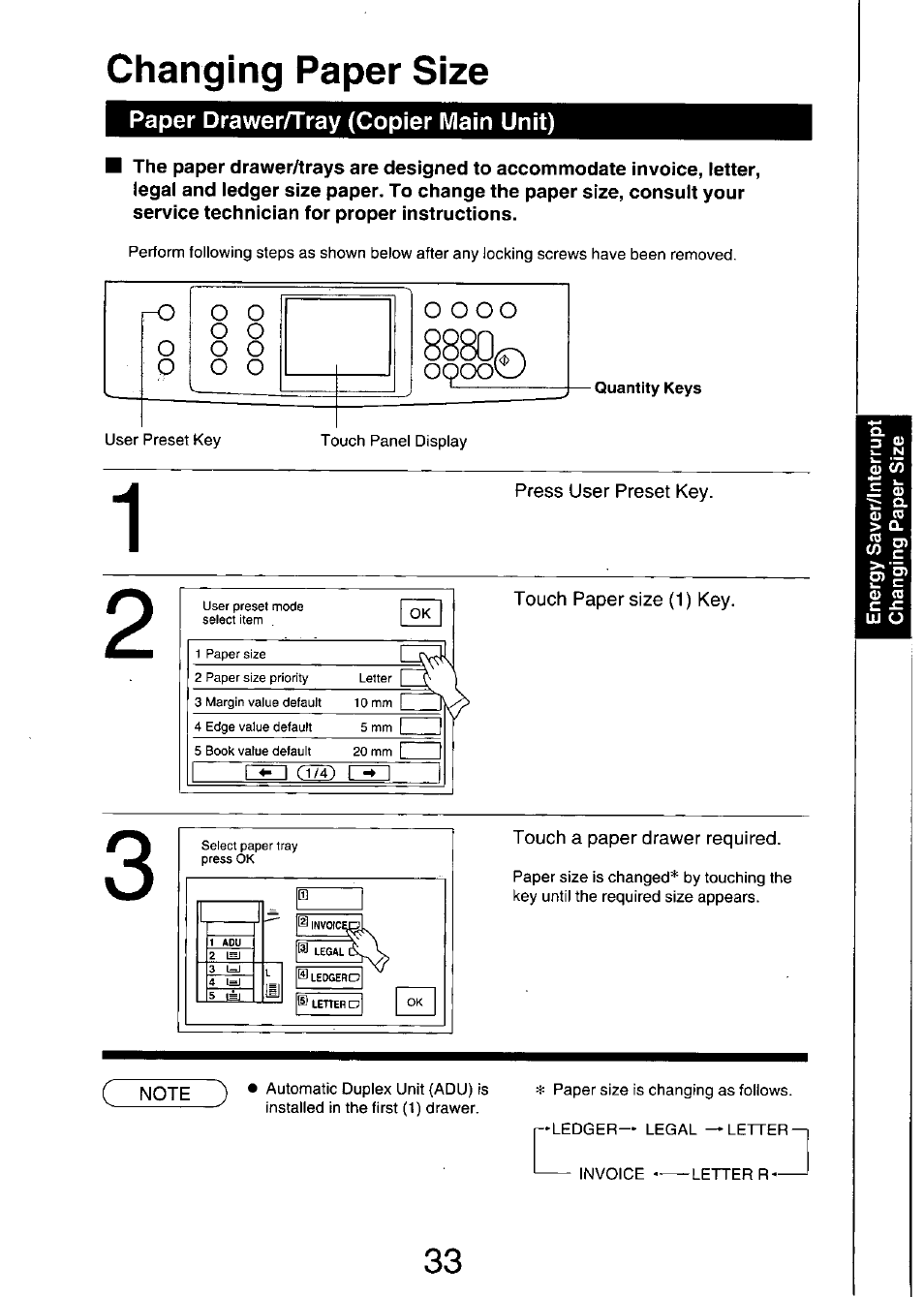 Changing paper size, Paper drawer/tray (copier main unit) | Panasonic FP7750 User Manual | Page 33 / 64