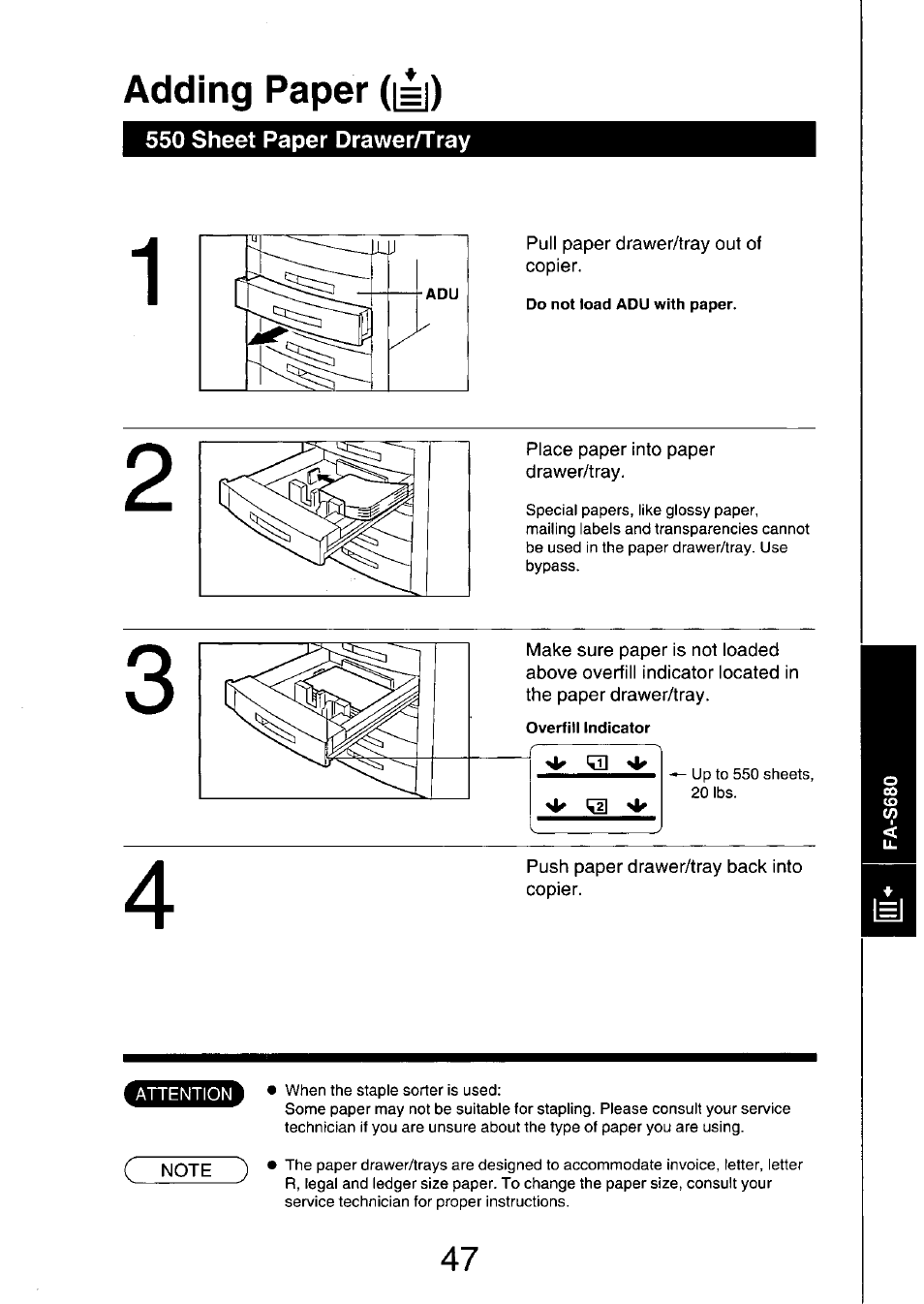 550 sheet paper drawer/tray, Güüseü, Adding paper | Panasonic FP7750 User Manual | Page 47 / 64