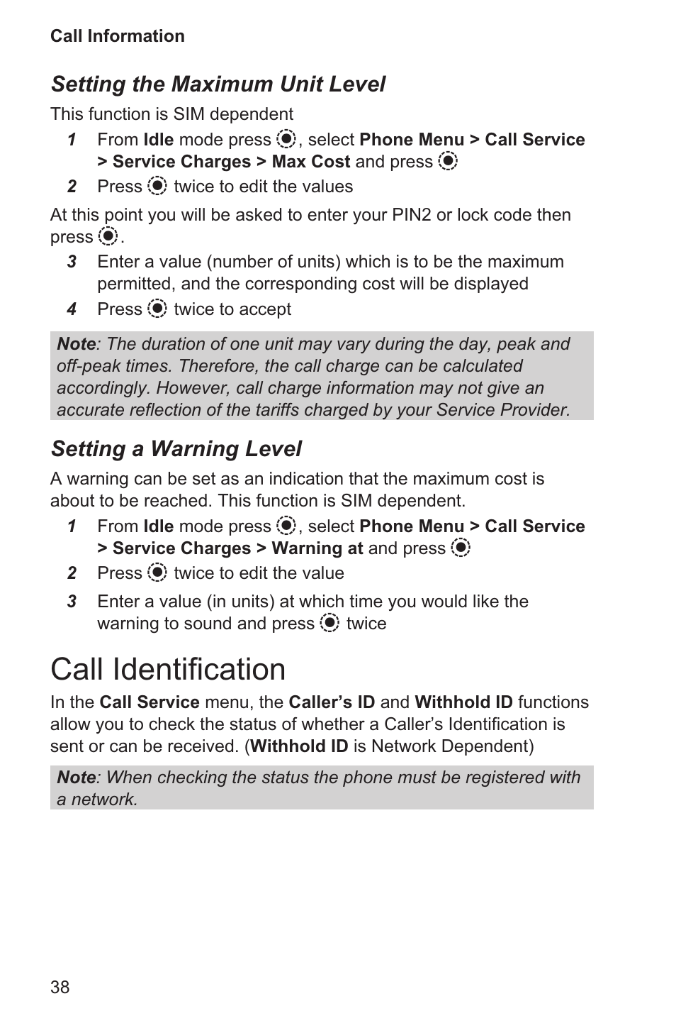 Call identification 38, Call identification, Setting the maximum unit level | Setting a warning level | Panasonic EB-GD96 User Manual | Page 46 / 96