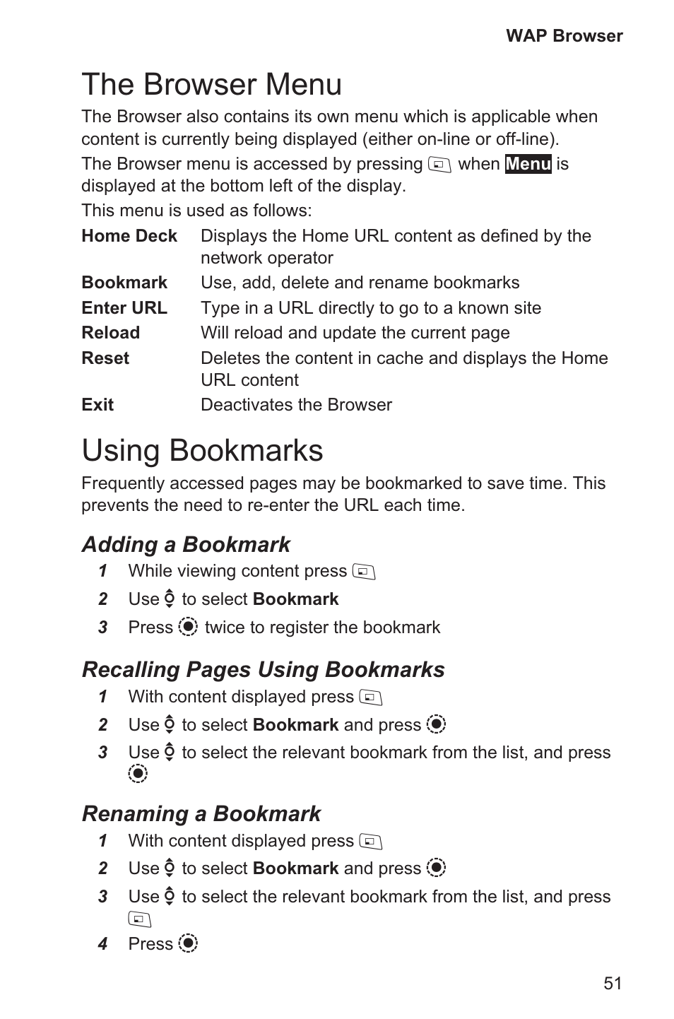 The browser menu 51, Using bookmarks 51, The browser menu | Using bookmarks, Adding a bookmark, Recalling pages using bookmarks, Renaming a bookmark | Panasonic EB-GD96 User Manual | Page 59 / 96