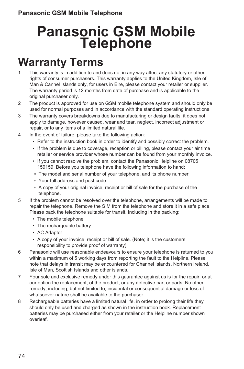Panasonic gsm mobile telephone 74, Warranty terms 74, Panasonic gsm mobile telephone | Warranty terms | Panasonic EB-GD96 User Manual | Page 82 / 96