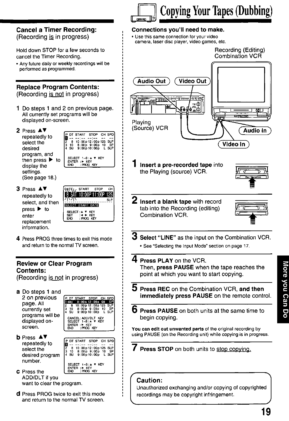 Cancel a timer recording, Replace program contents, Review or clear program contents | Caution, Copying your tapes (dubbing) | Panasonic PV-M2738 User Manual | Page 19 / 32