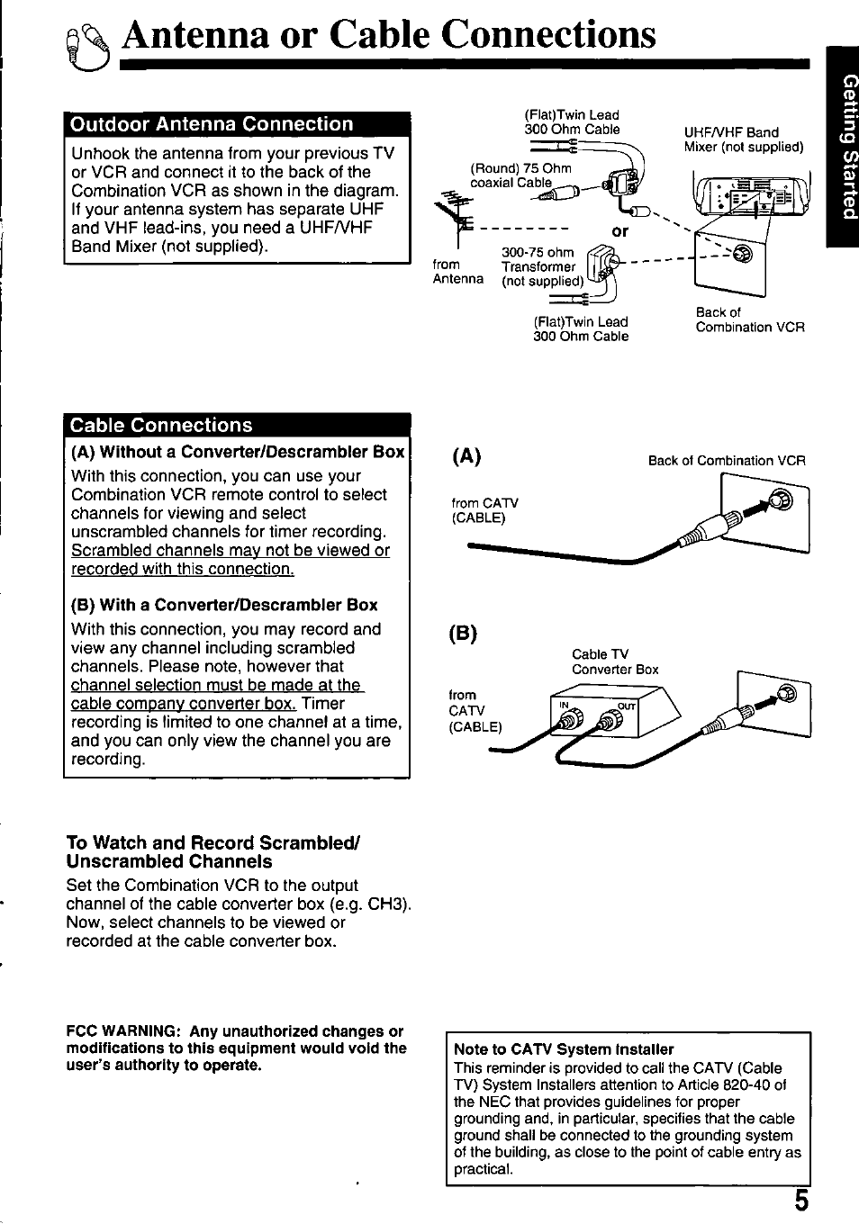 Antenna or cable connections, Outdoor antenna connection, Cable connections | Note to catv system instailer | Panasonic PV-M2738 User Manual | Page 5 / 32