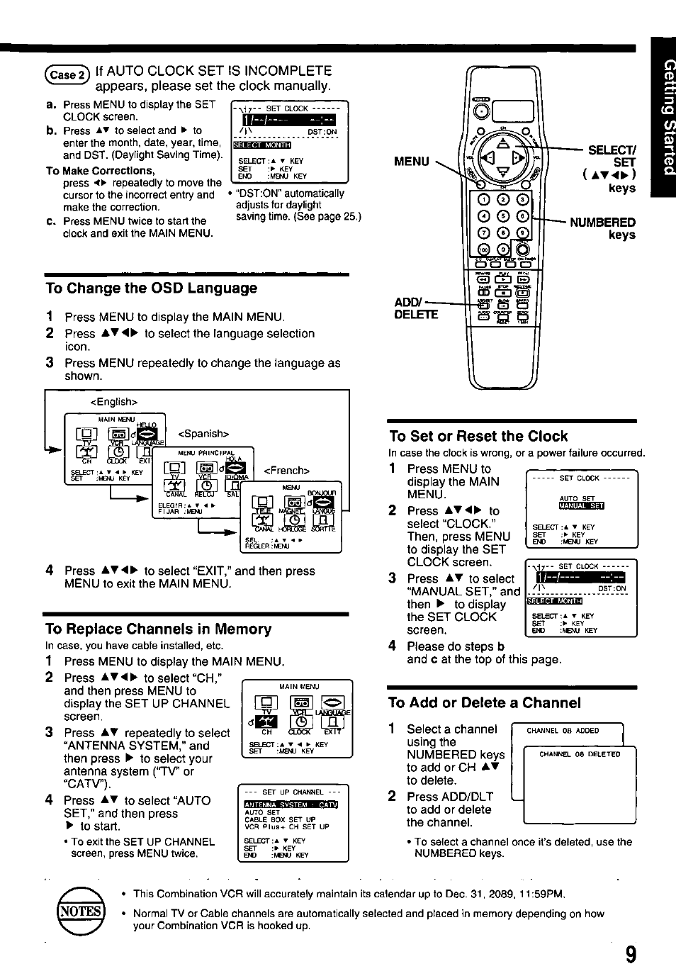 To change the osd language, To replace channels in memory, To set or reset the clock | To add or delete a channel 1 | Panasonic PV-M2738 User Manual | Page 9 / 32