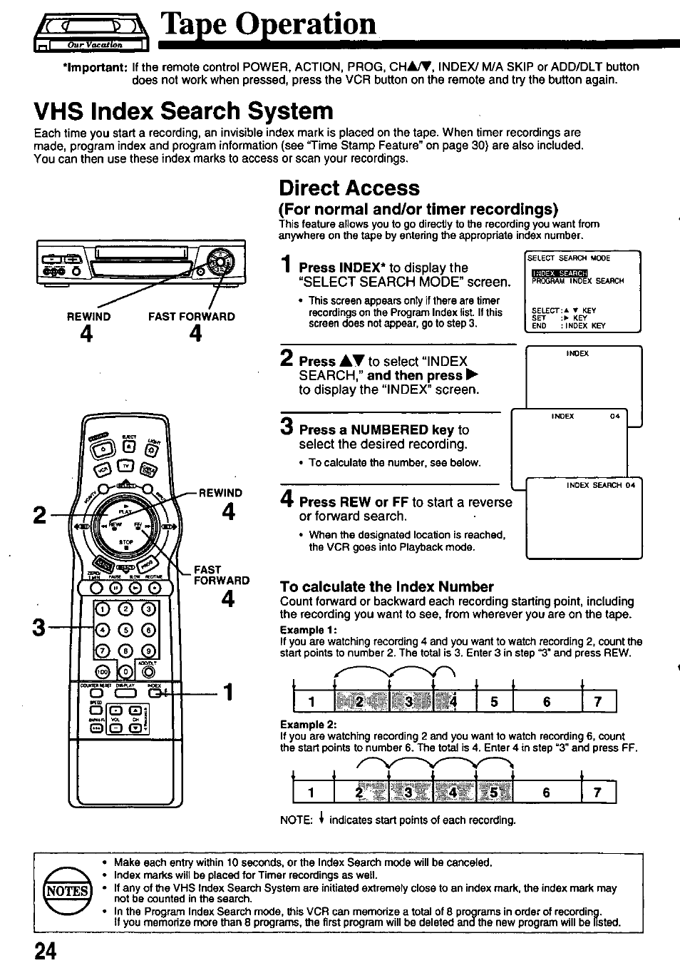 Vms index search system, Direct access, For normal and/or timer recordings) | To display the “index” screen, 3 press a numbered key to, Select the desired recording, M ^ tape operation | Panasonic PV-8665S User Manual | Page 24 / 44