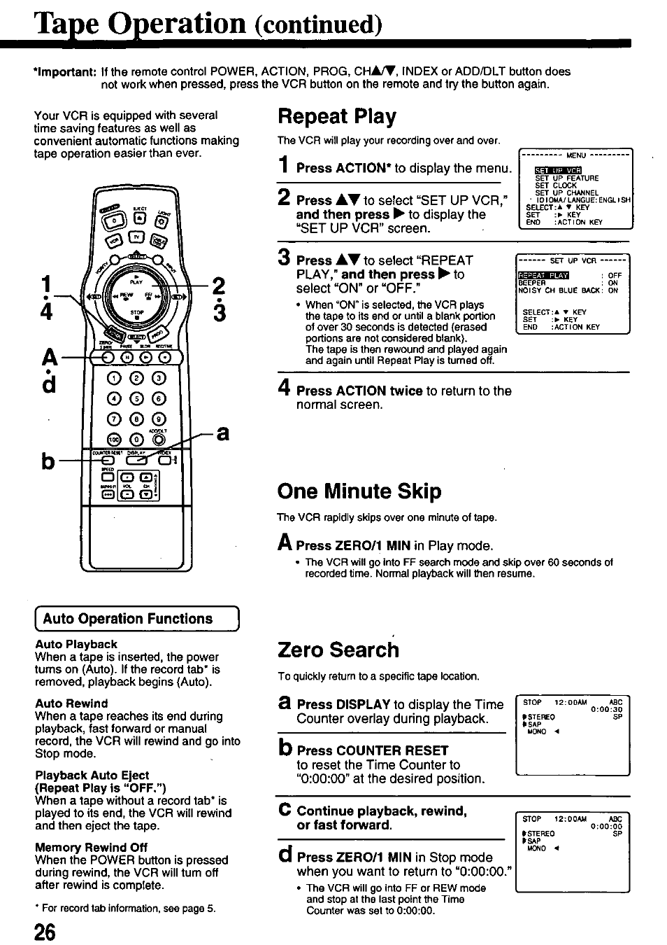 T^peo^eratioi^conth, Play,” and then press ► to, A press zero/1 min in play mode | B press counter reset, C continue playback, rewind, or fast forward, O © © o, Repeat play, One minute skip, Zero search | Panasonic PV-8665S User Manual | Page 26 / 44