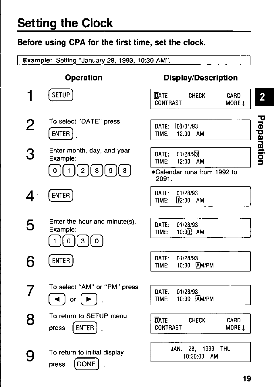 Setting the clock, Before using cpa for the first time, set the clock, Operation | Panasonic KX-RC105 User Manual | Page 19 / 132