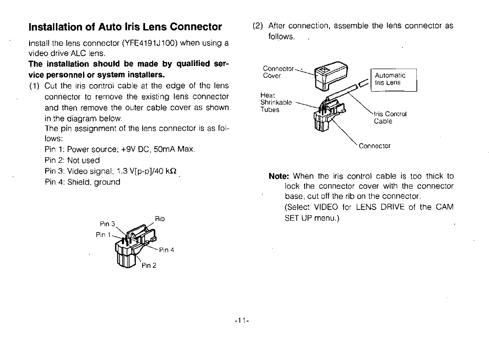 Installation of auto iris lens connector | Panasonic WV-CPR650 User Manual | Page 13 / 48