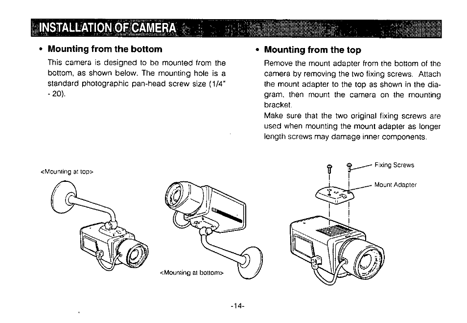 Insitall/ation of camera, Mounting from the bottom, Mounting from the top | Panasonic WV-CPR650 User Manual | Page 16 / 48