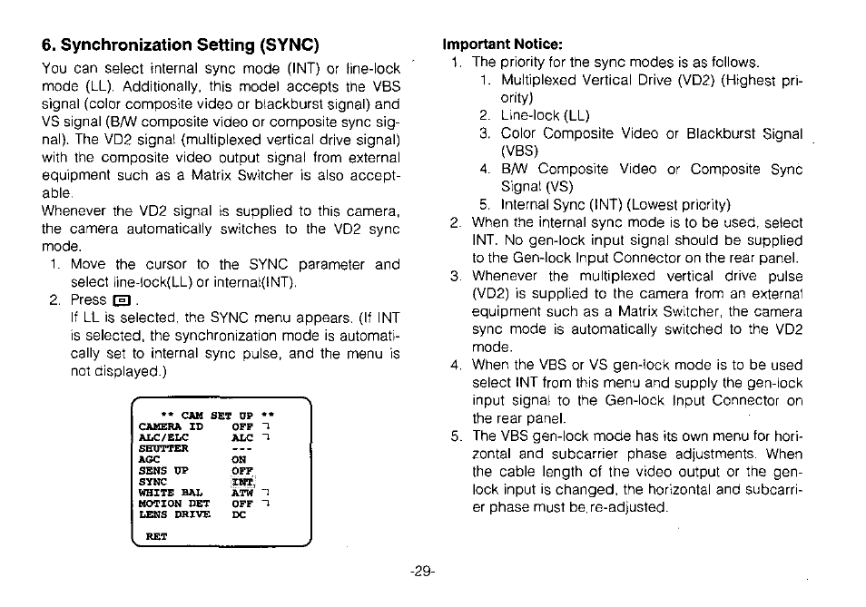 Important notice, Synchronization setting (sync) | Panasonic WV-CPR650 User Manual | Page 31 / 48
