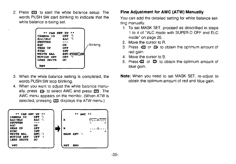 Fine adjustment for awc (atw) manually | Panasonic WV-CPR650 User Manual | Page 37 / 48