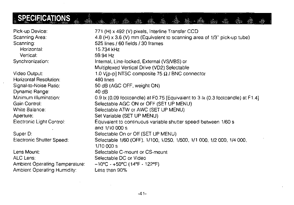 Srecihications | Panasonic WV-CPR650 User Manual | Page 43 / 48