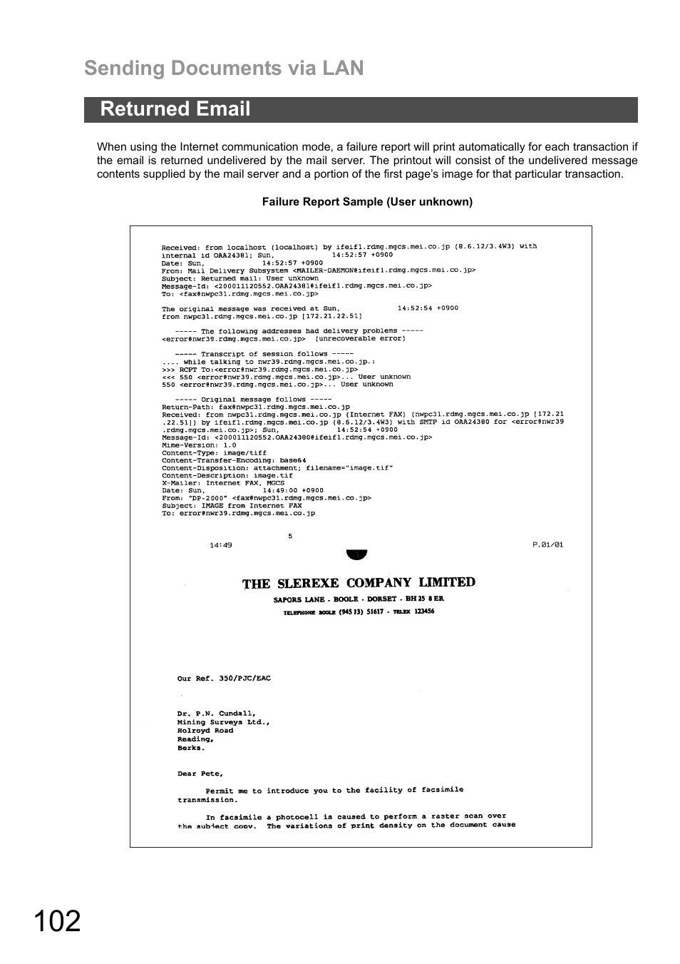 Returned email, Sending documents via lan | Panasonic DX-600 User Manual | Page 102 / 255