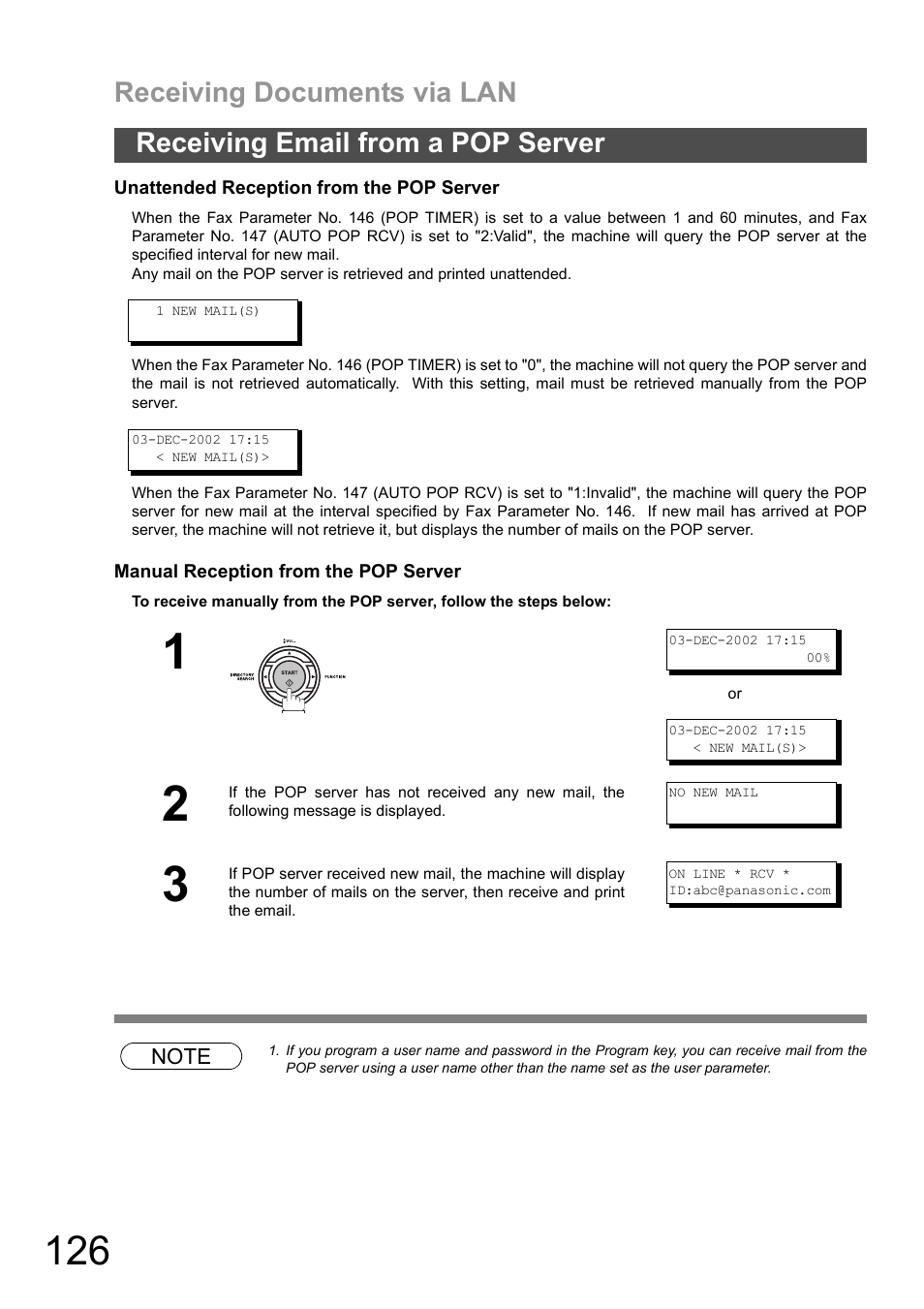 Receiving documents via lan, Receiving email from a pop server | Panasonic DX-600 User Manual | Page 126 / 255