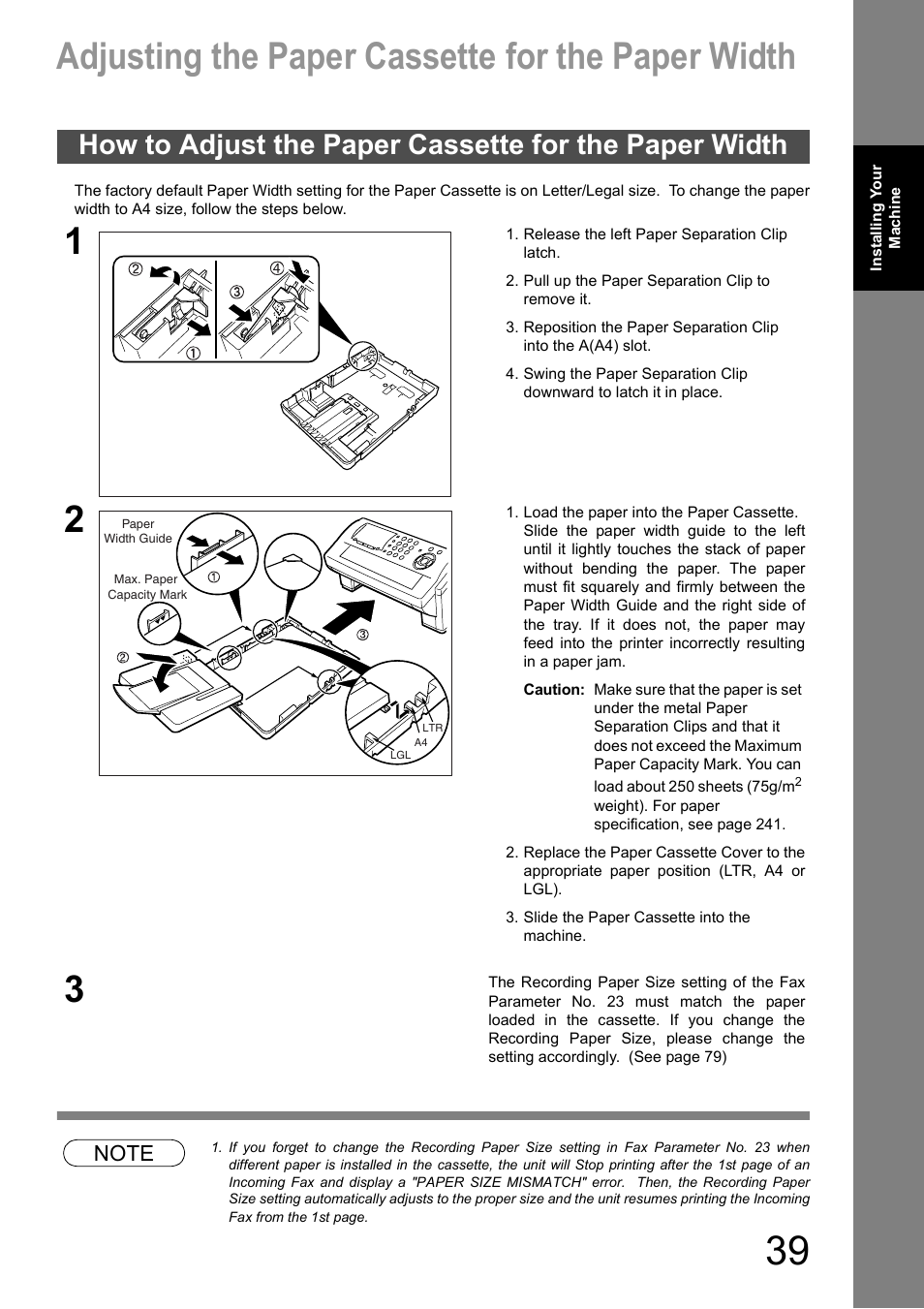 Adjusting the paper cassette for the paper width | Panasonic DX-600 User Manual | Page 39 / 255