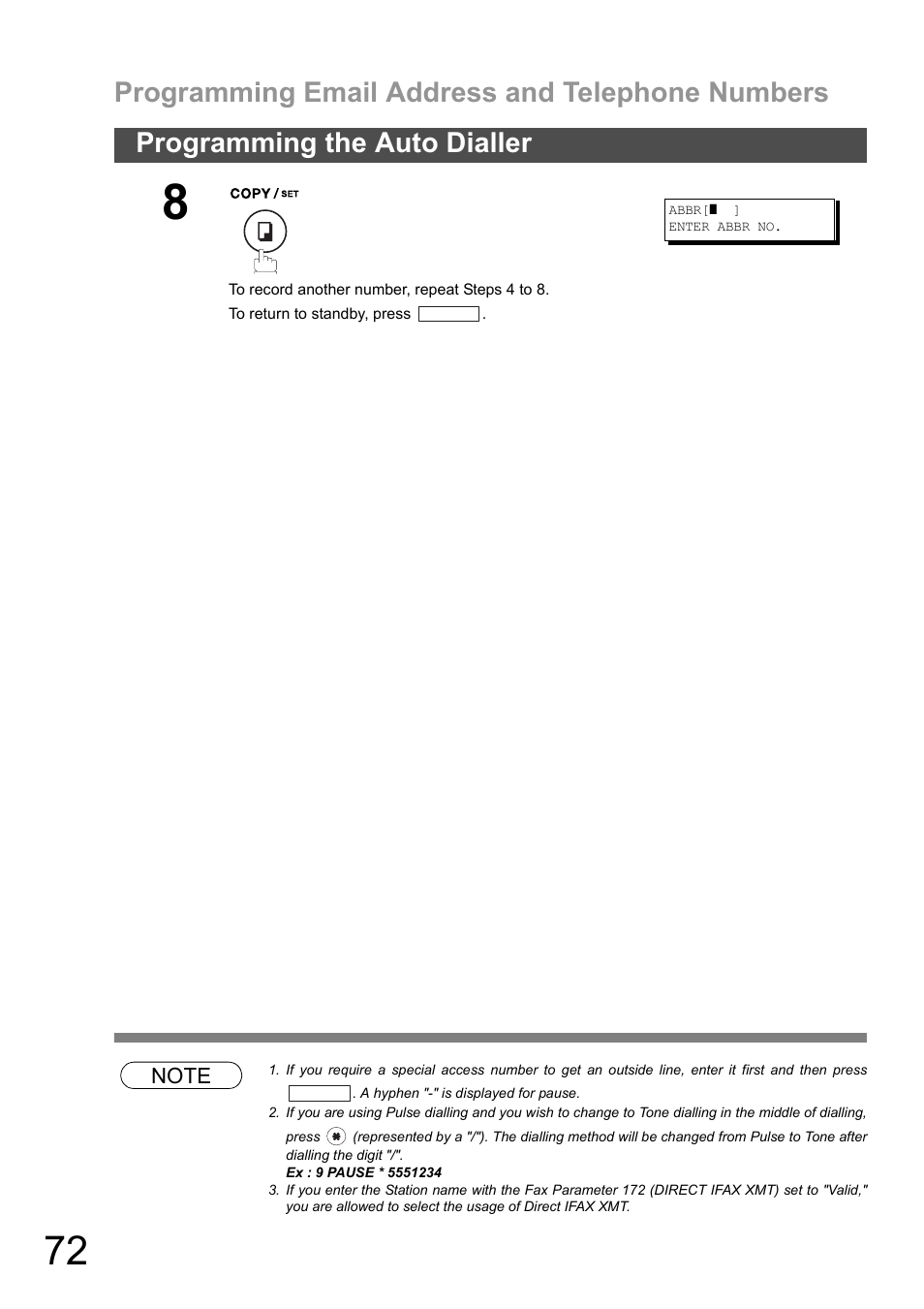 Programming email address and telephone numbers, Programming the auto dialler | Panasonic DX-600 User Manual | Page 72 / 255