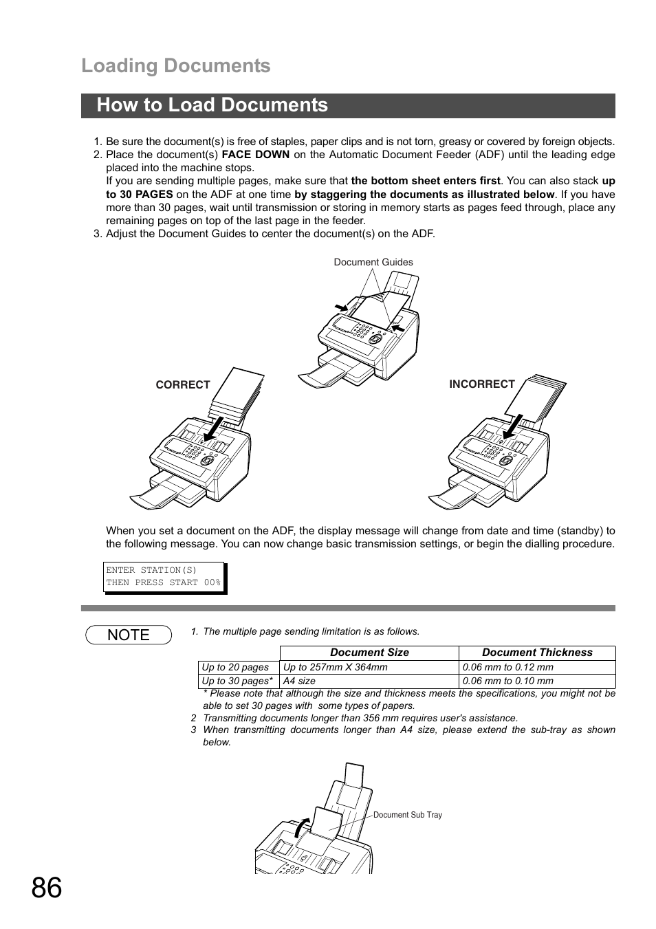 How to load documents, Loading documents | Panasonic DX-600 User Manual | Page 86 / 255