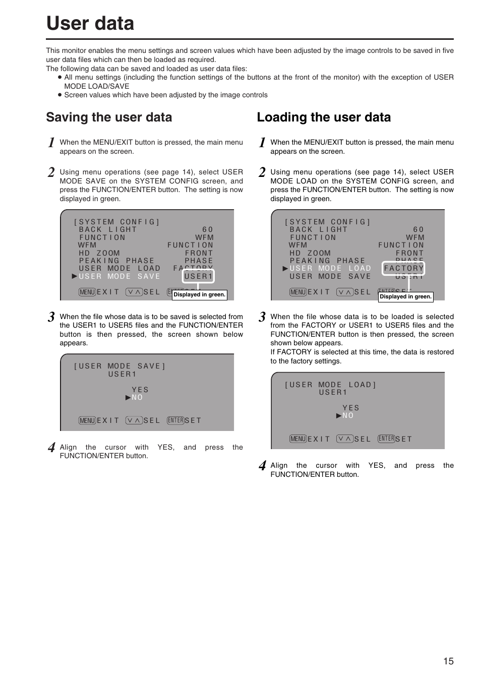 User data, Saving the user data, Loading the user data | Panasonic BT-LH900A User Manual | Page 15 / 32