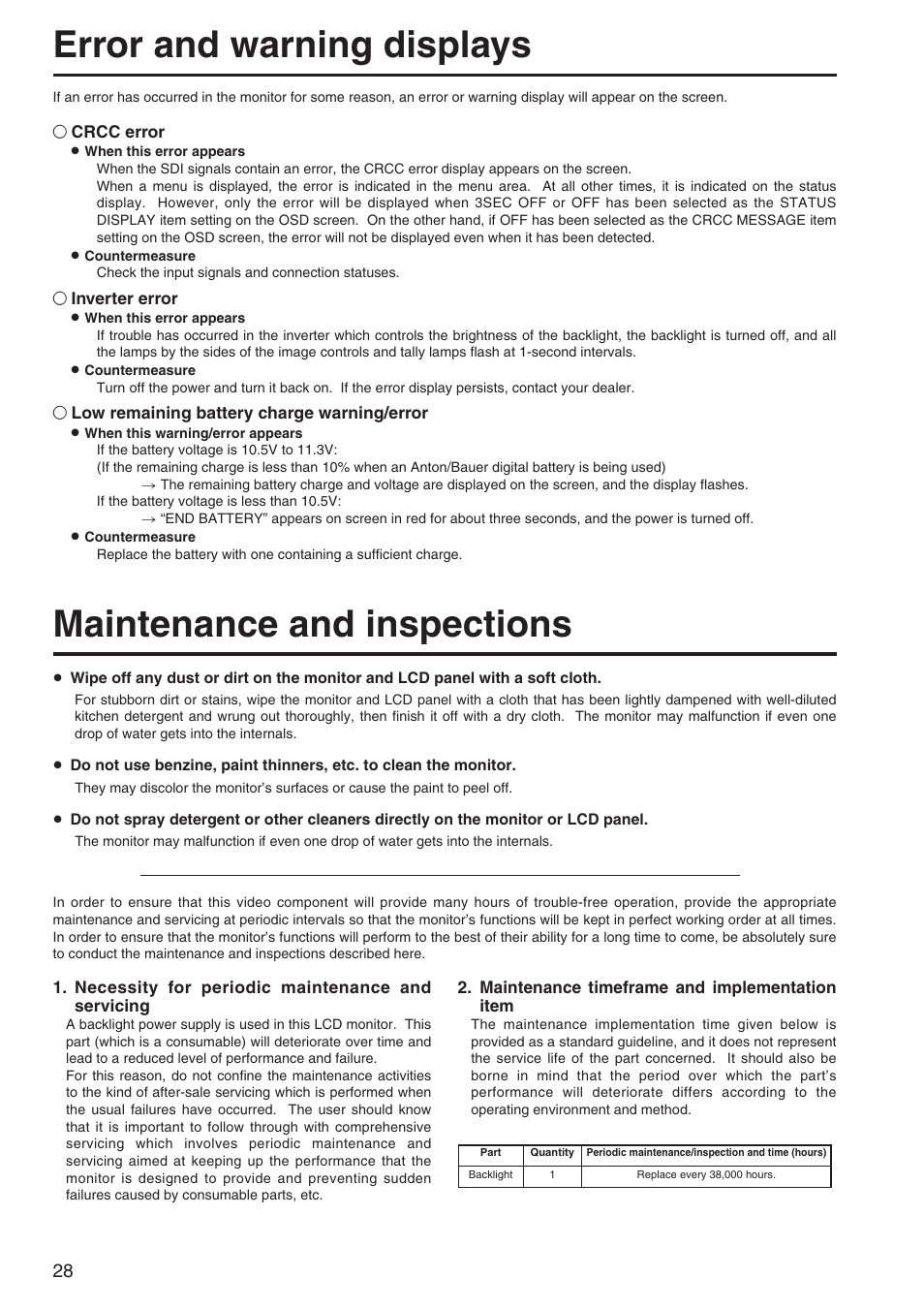 Error and warning displays, Maintenance and inspections | Panasonic BT-LH900A User Manual | Page 28 / 32