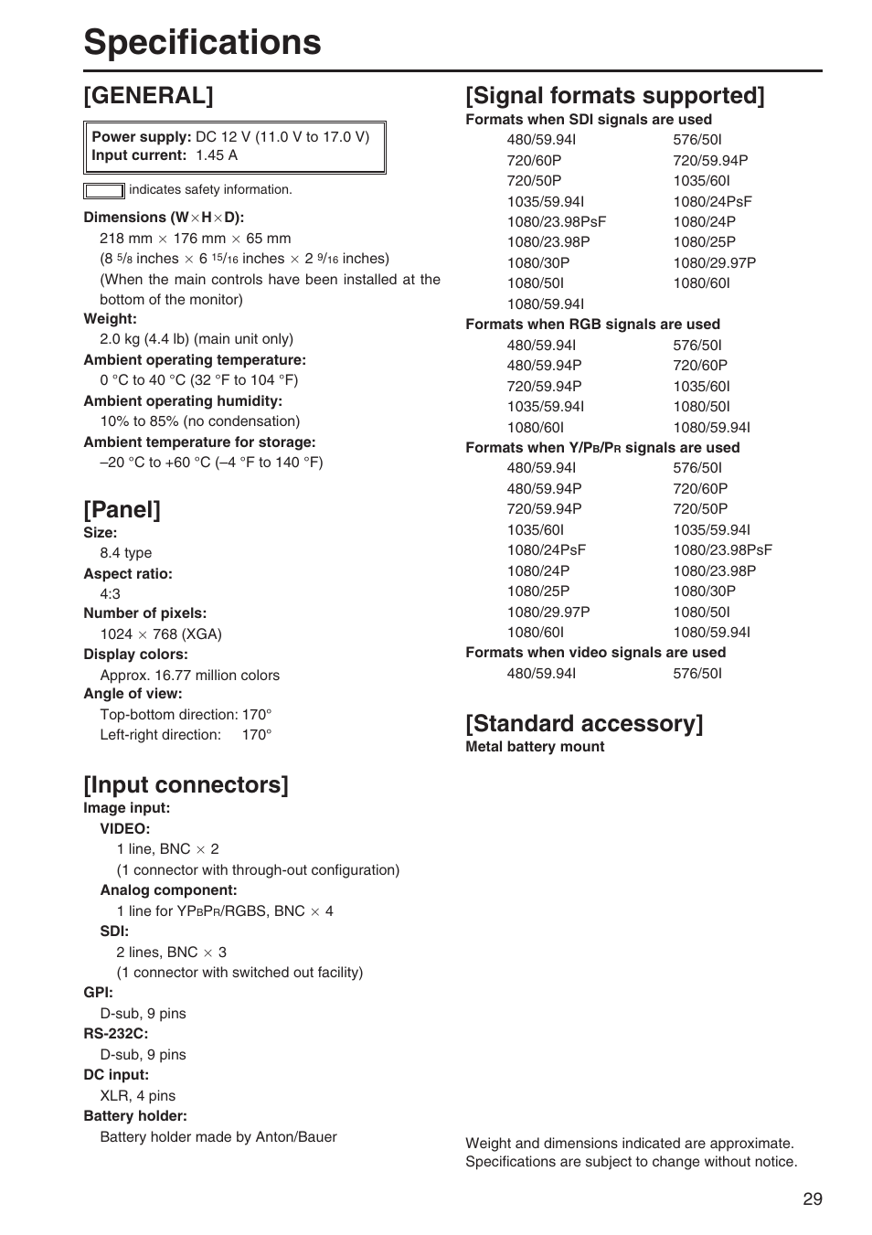 Specifications, Panel, Input connectors | Signal formats supported, Standard accessory, General | Panasonic BT-LH900A User Manual | Page 29 / 32