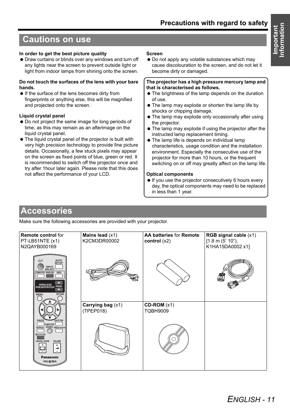 Cautions on use, Accessories, Cautions on use accessories | Nglish - 11, Precautions with regard to safety, Important information | Panasonic PT-LB51NTE User Manual | Page 11 / 56