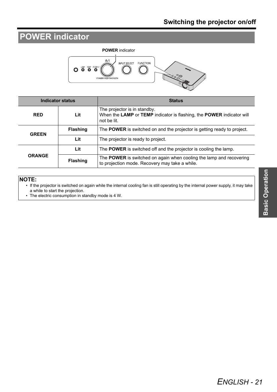 Power indicator, Nglish - 21, Switching the projector on/off | Panasonic PT-LB51NTE User Manual | Page 21 / 56