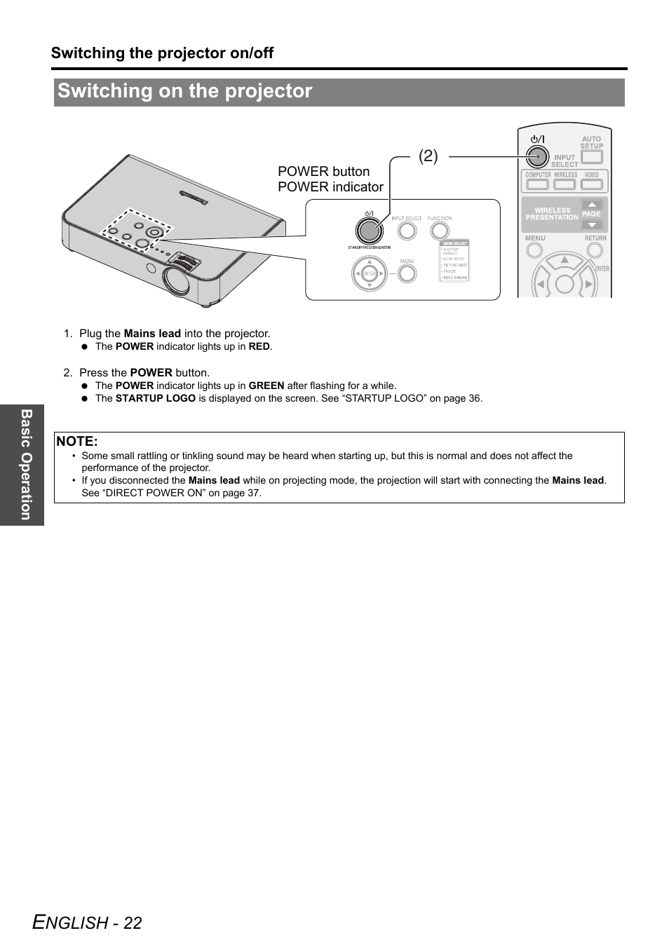 Switching on the projector, Nglish - 22, Switching the projector on/off | Panasonic PT-LB51NTE User Manual | Page 22 / 56