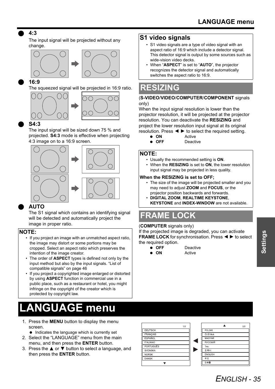 Resizing, Frame lock, Language menu | Nglish - 35, S1 video signals | Panasonic PT-LB51NTE User Manual | Page 35 / 56