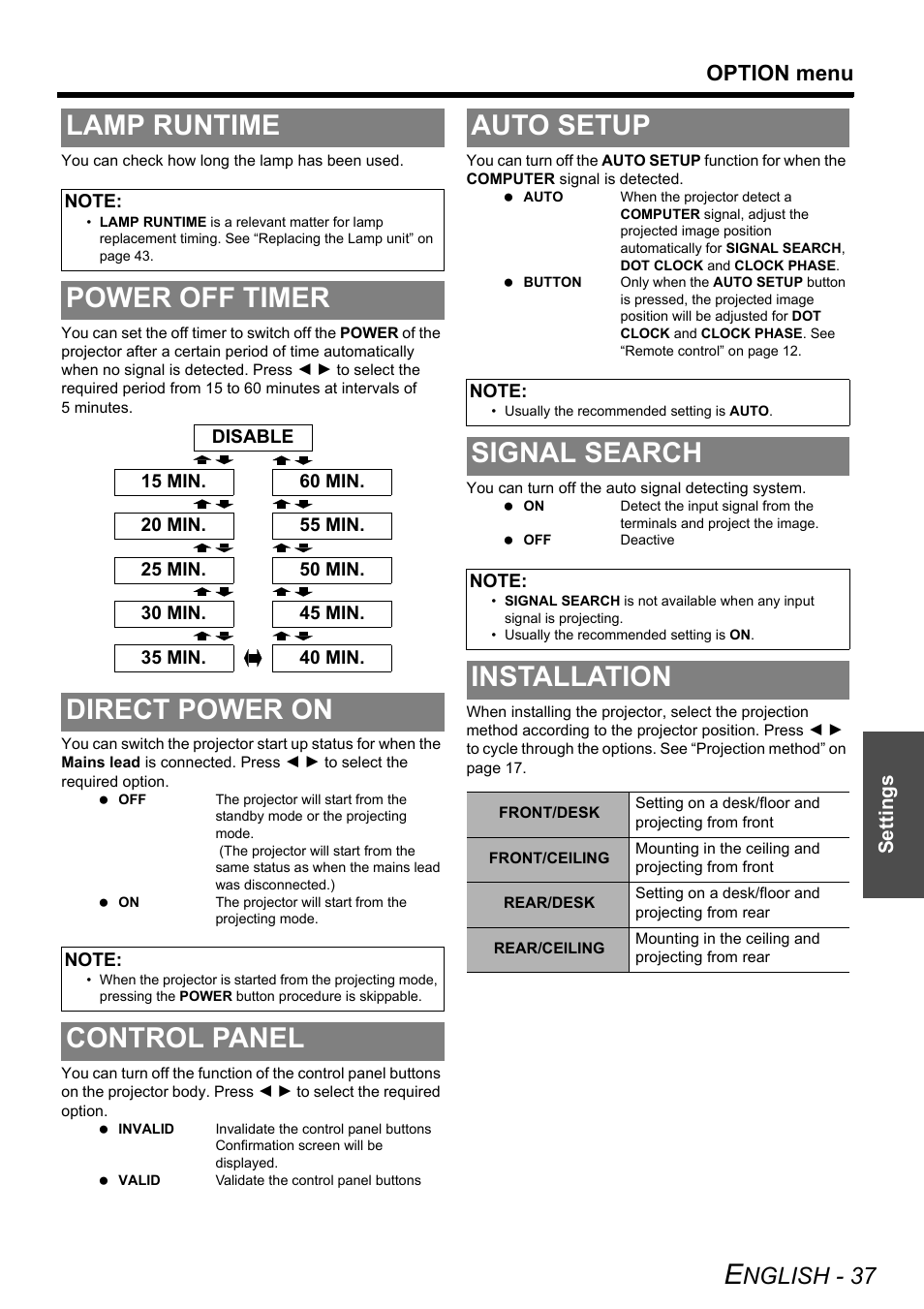 Lamp runtime, Power off timer, Direct power on | Control panel, Auto setup, Signal search, Installation, See “signal, Power off timer direct power on, Nglish - 37 | Panasonic PT-LB51NTE User Manual | Page 37 / 56