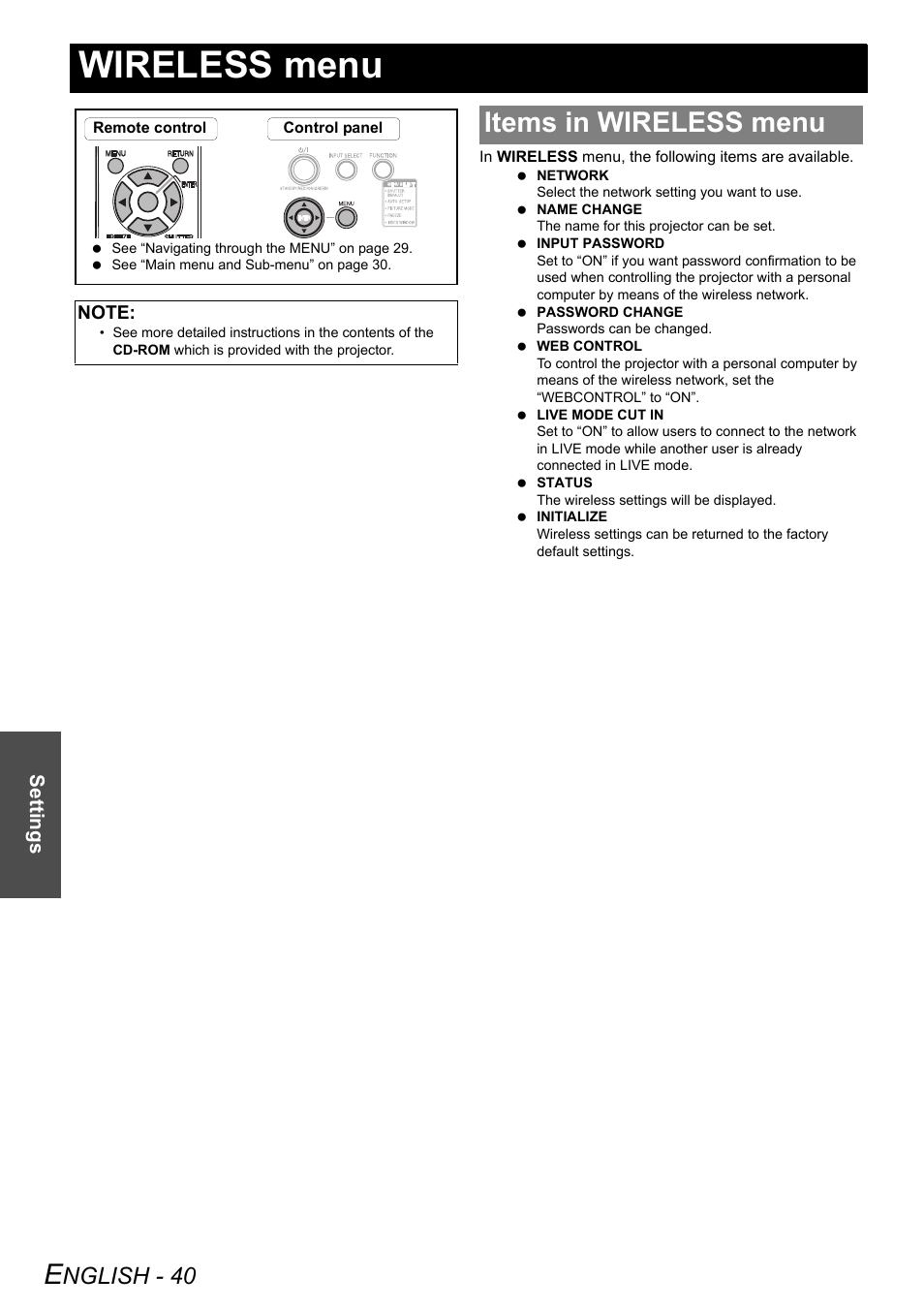 Wireless menu, Items in wireless menu, Nglish - 40 | Settings | Panasonic PT-LB51NTE User Manual | Page 40 / 56