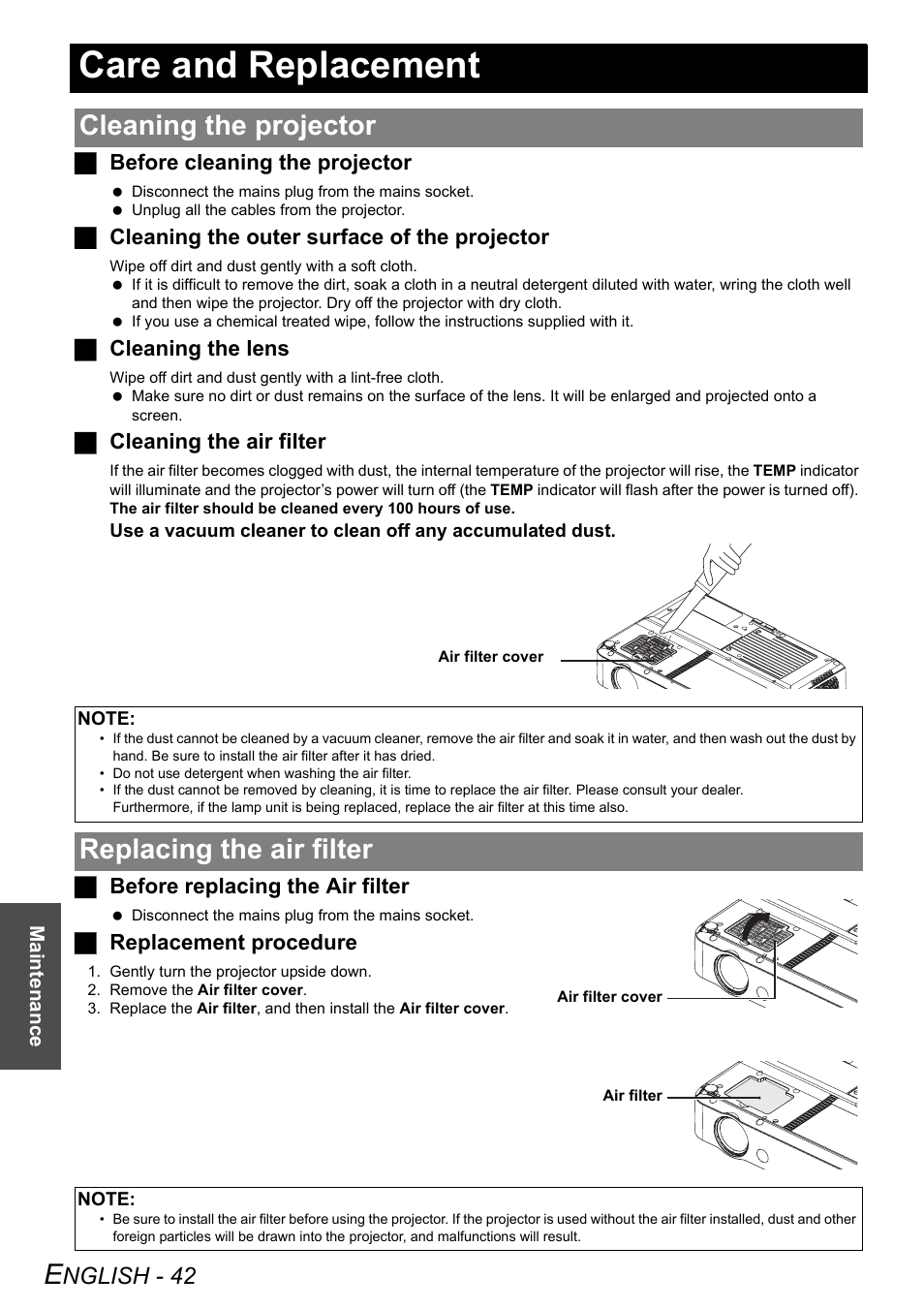 Care and replacement, Cleaning the projector, Replacing the air filter | Nglish - 42 | Panasonic PT-LB51NTE User Manual | Page 42 / 56
