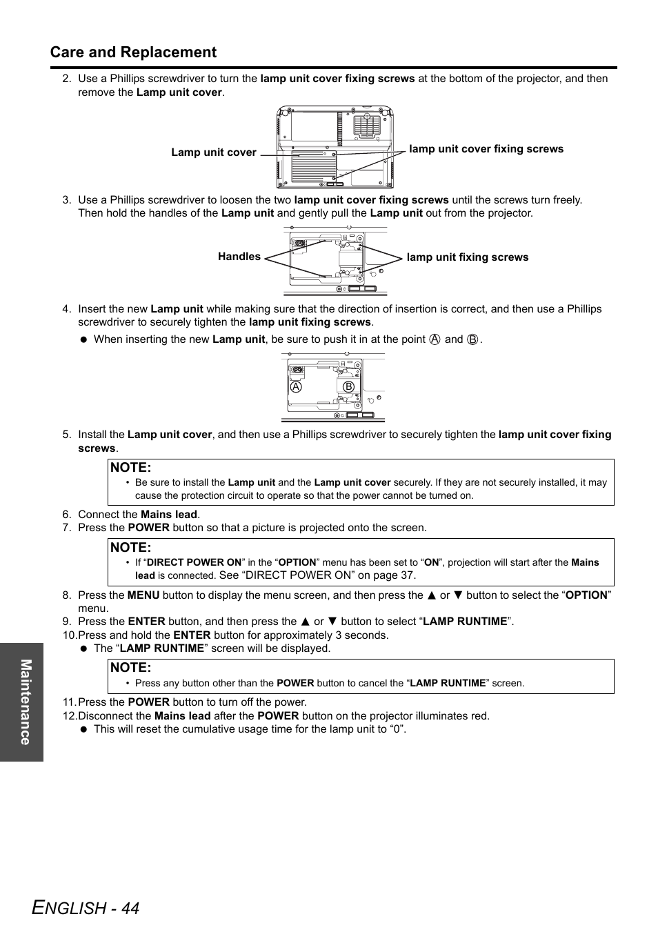 Nglish - 44, Care and replacement, Maintenance | Panasonic PT-LB51NTE User Manual | Page 44 / 56
