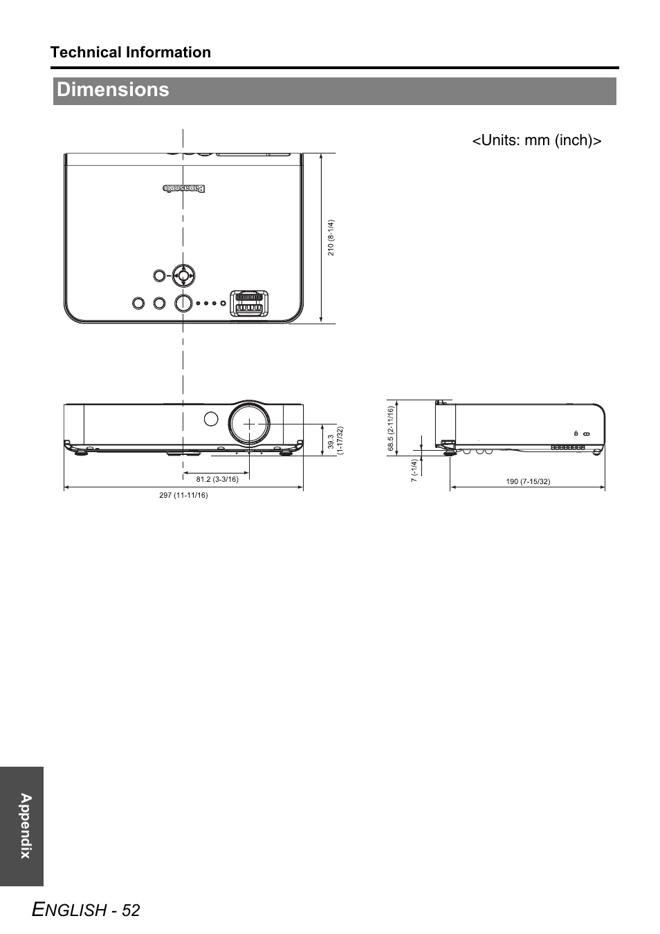 Dimensions | Panasonic PT-LB51NTE User Manual | Page 52 / 56