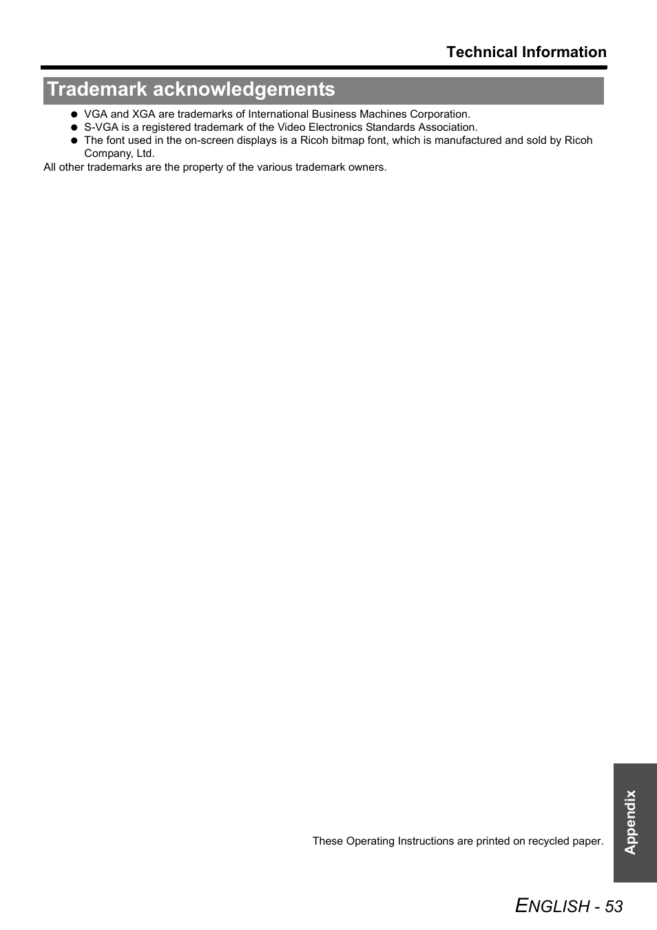 Trademark acknowledgements, Nglish - 53 | Panasonic PT-LB51NTE User Manual | Page 53 / 56