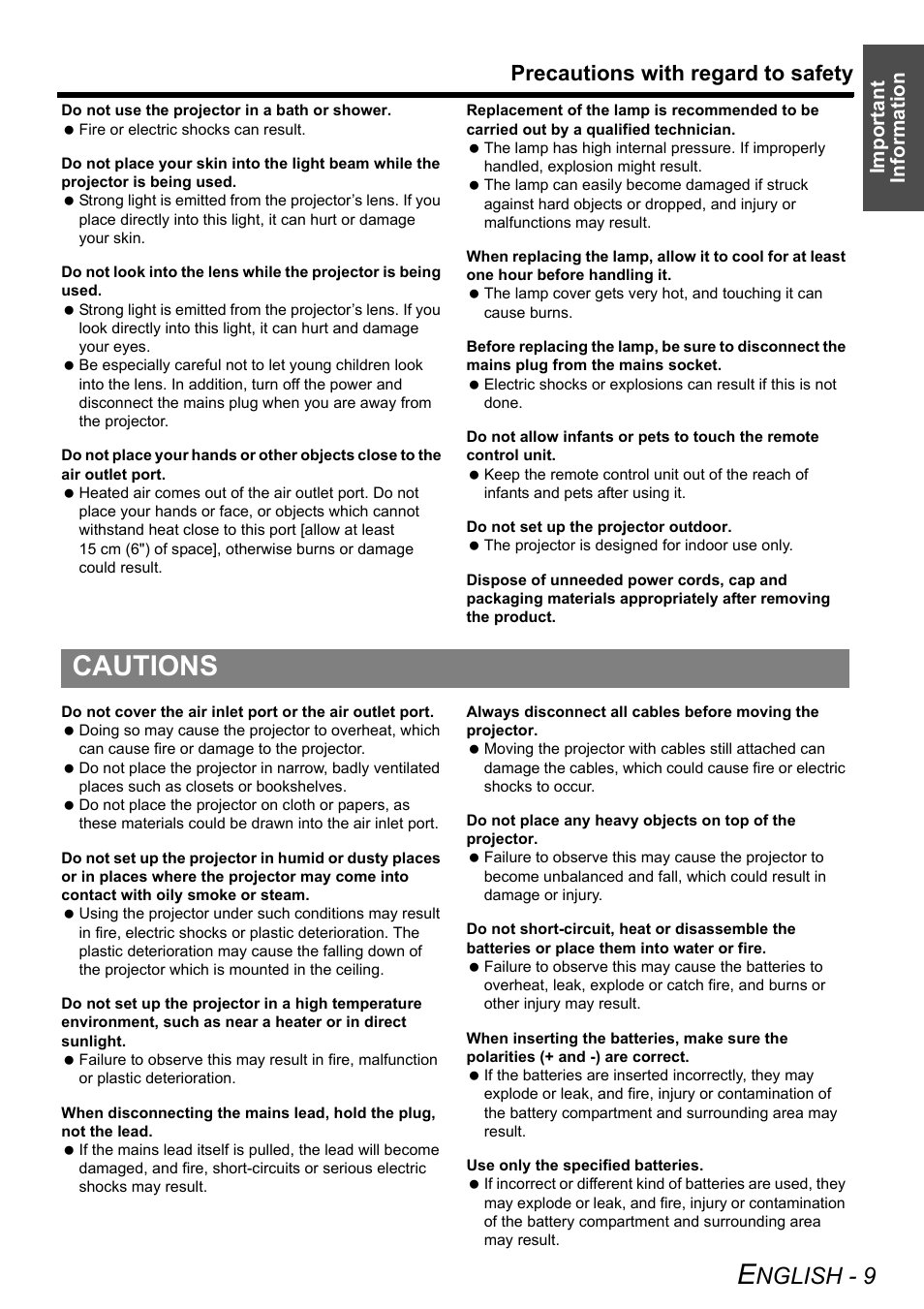 Cautions, Nglish - 9, Precautions with regard to safety | Important information | Panasonic PT-LB51NTE User Manual | Page 9 / 56