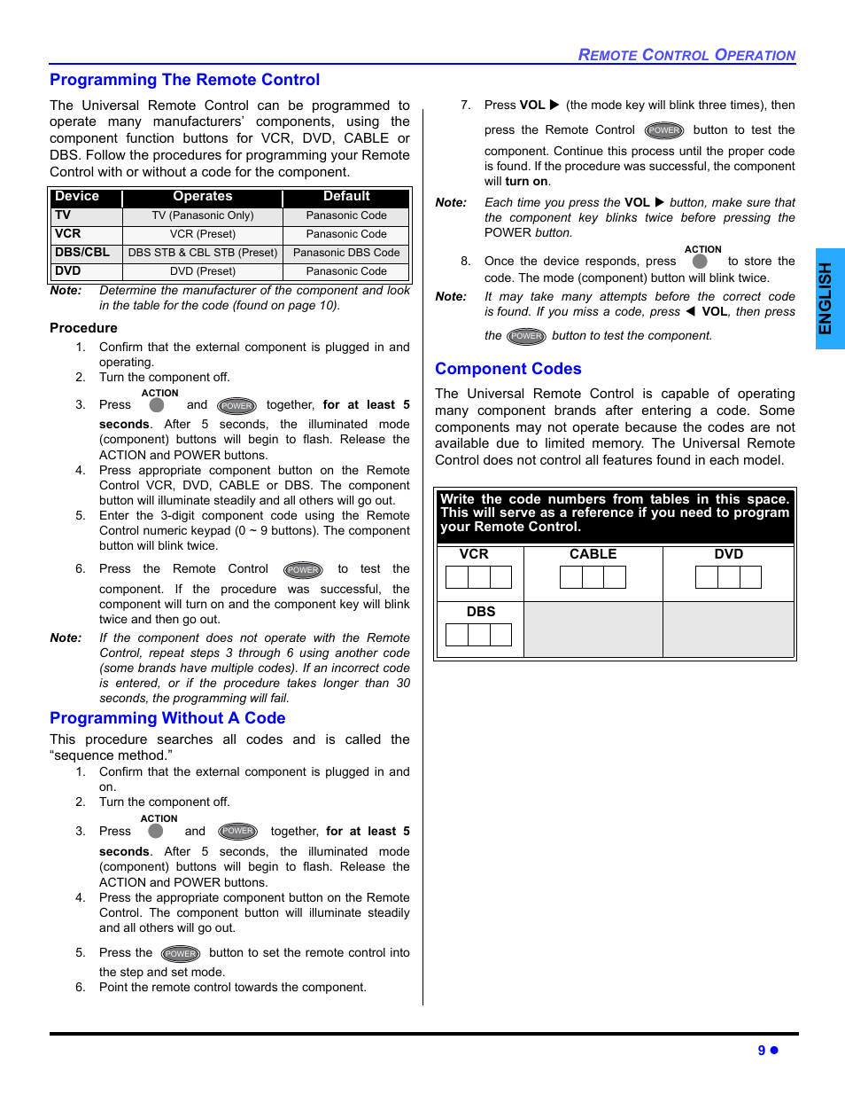 Programming the remote, Programming without a code, Component codes | English programming the remote control | Panasonic CT-32E14 User Manual | Page 11 / 80