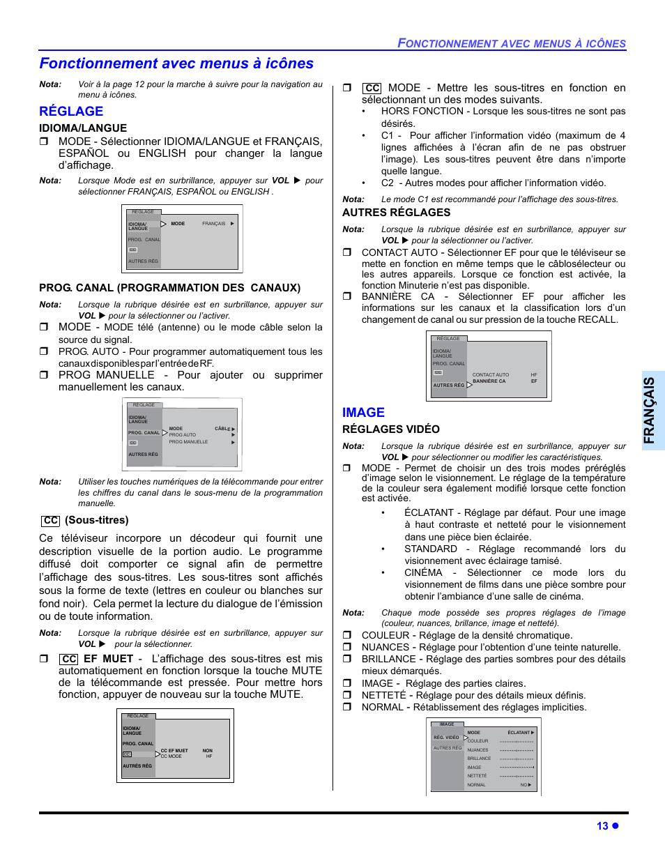 Fonctionnement avec menus a icones, Fonctionnement avec menus à icônes, Françai s | Réglage, Image | Panasonic CT-32E14 User Manual | Page 61 / 80