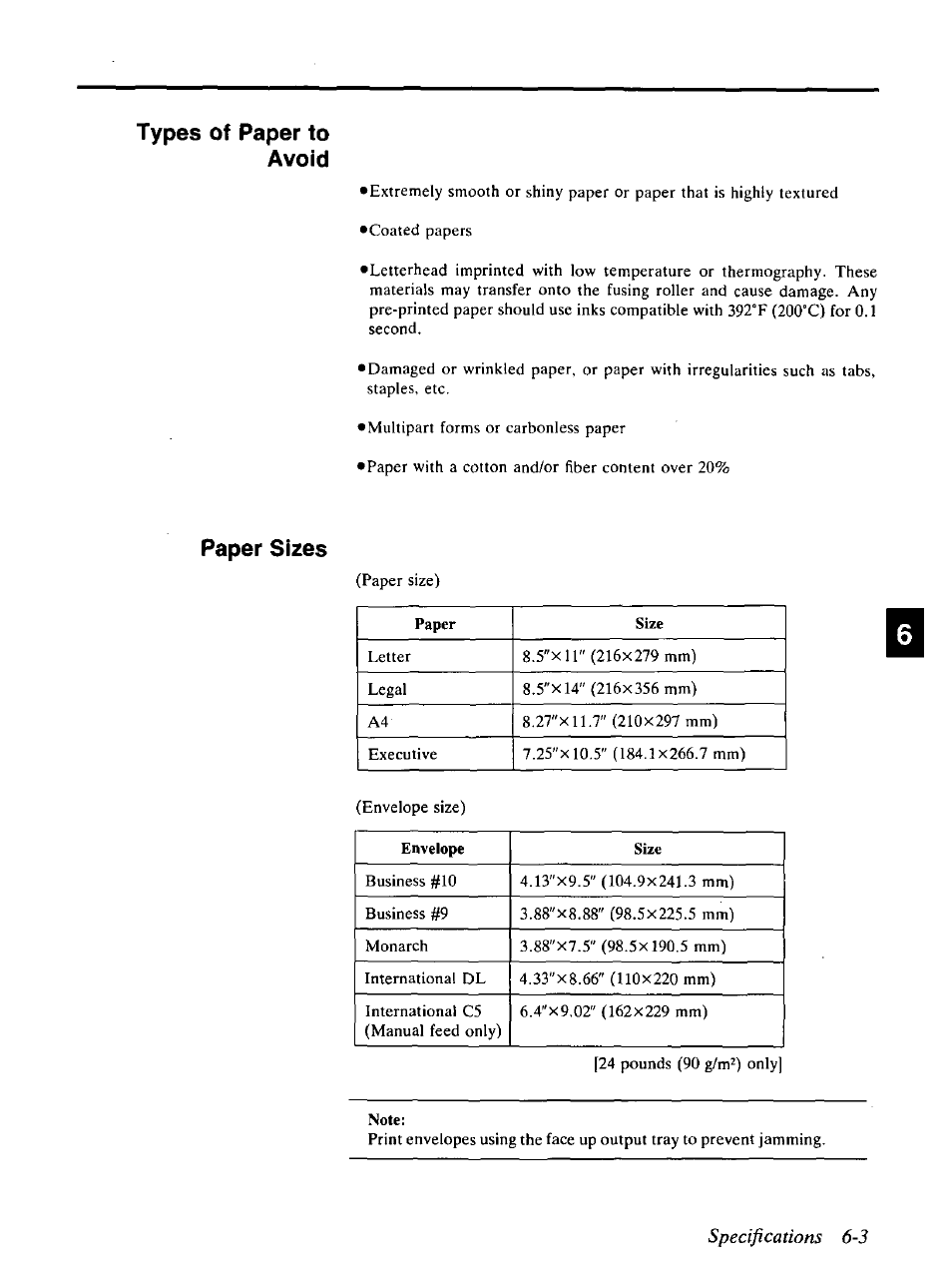 Specifications 6-3, Types of paper to avoid, Paper sizes | Panasonic KX-P4440 User Manual | Page 131 / 152