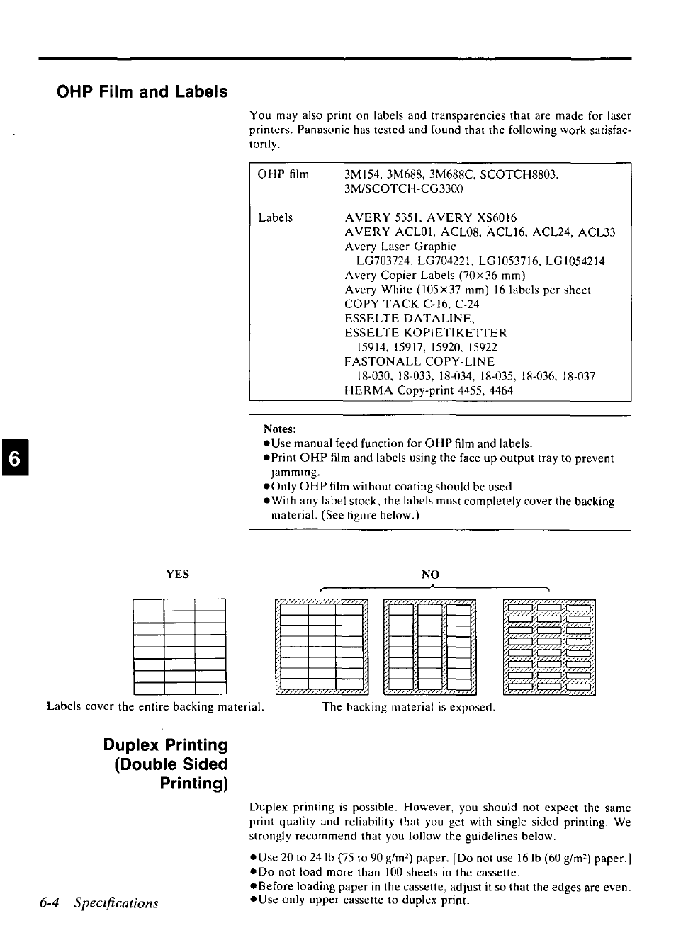 4 specifications, Yes no, Ohp film and labels | Duplex printing (double sided printing) | Panasonic KX-P4440 User Manual | Page 132 / 152