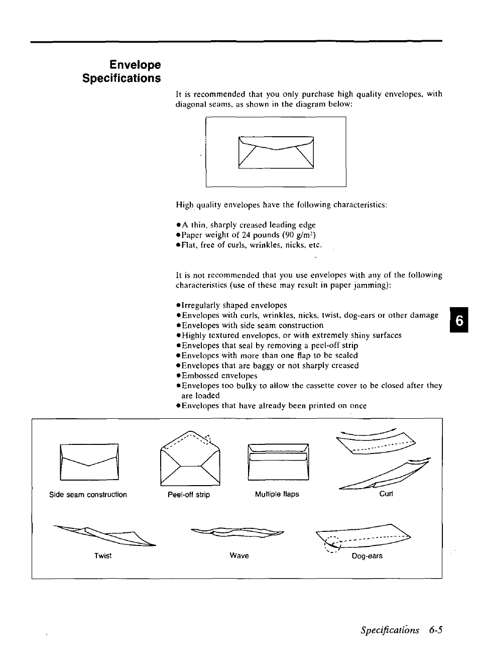 Specifications 6-5, Envelope specifications | Panasonic KX-P4440 User Manual | Page 133 / 152