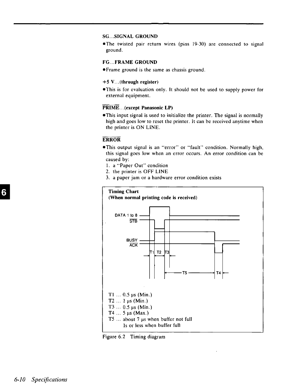 10 specifications, Sg signal ground, Fg...frame ground | 5 v...(through register), Prime...(except panasonic lp), Error | Panasonic KX-P4440 User Manual | Page 138 / 152