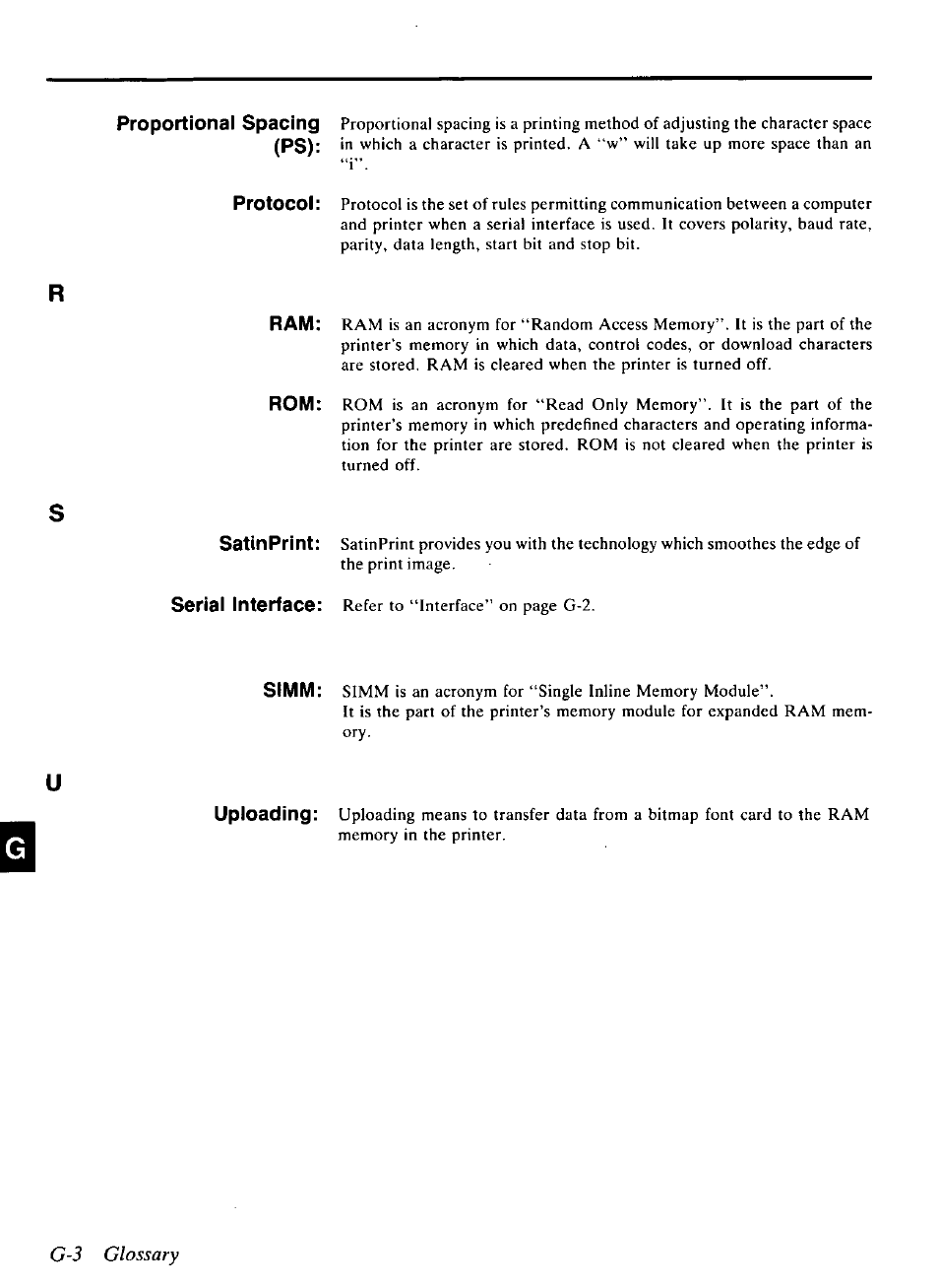 G-3 glossary, Proportional spacing, Protocol | Sstinprint, Serial interface, Simm, Uploading | Panasonic KX-P4440 User Manual | Page 146 / 152