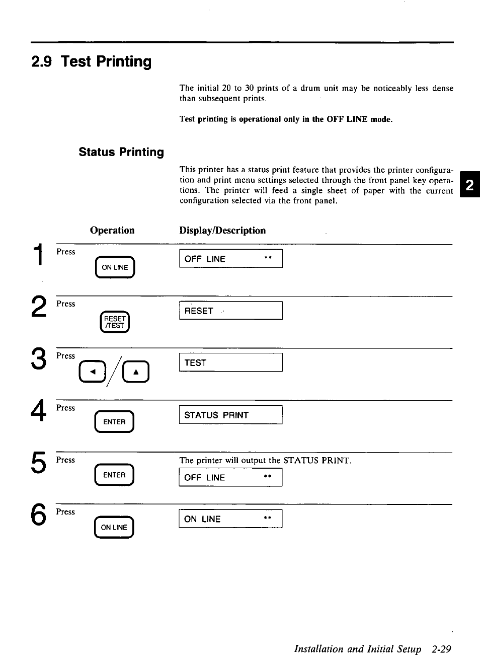 Gd/q, Installation and initial setup 2-29, 9 test printing | Panasonic KX-P4440 User Manual | Page 41 / 152