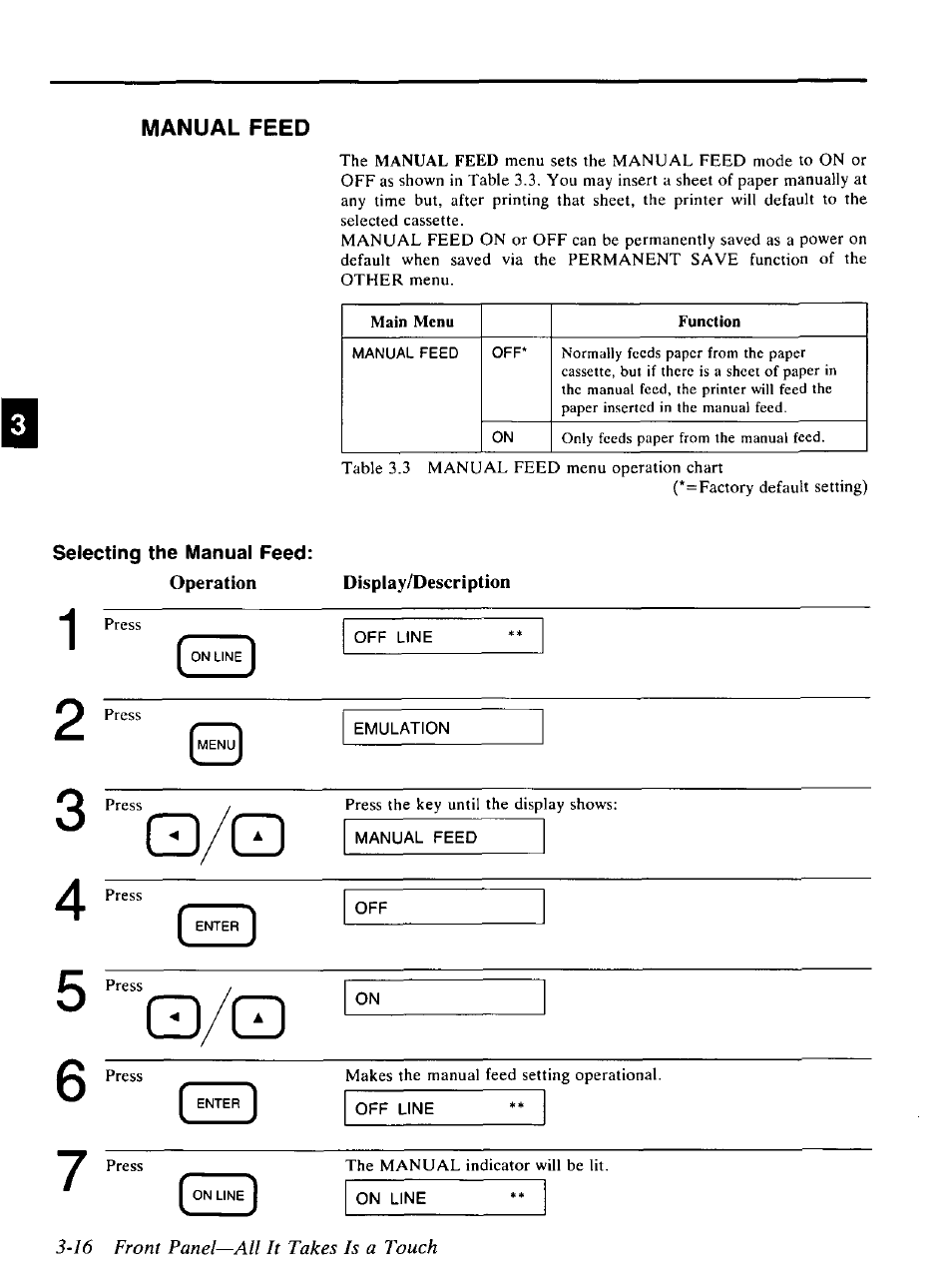 16 front panel—all it takes is a touch, On line, Menu | Enter | Panasonic KX-P4440 User Manual | Page 60 / 152