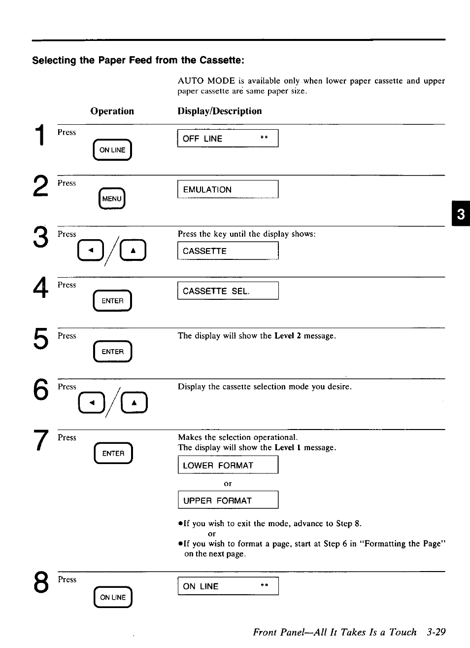 Front panel—all it takes is a touch 3-29 | Panasonic KX-P4440 User Manual | Page 73 / 152